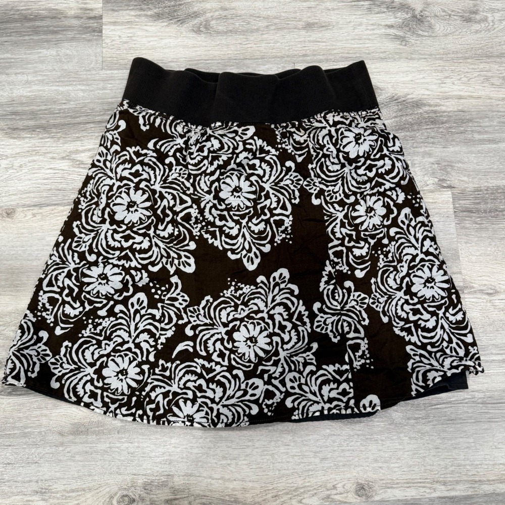 Ann Taylor Loft Brown White Damask Floral Mini‎ Skirt Ribbed Waist Small